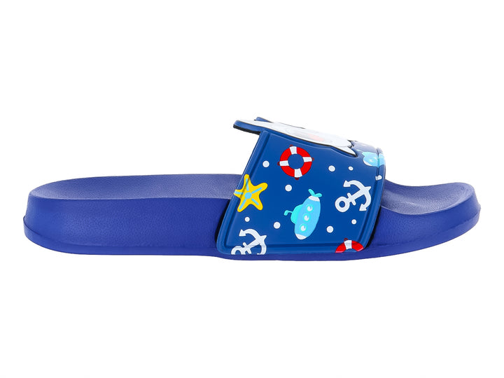 Sandalia azul de material EVA con estampados náuticos de anclas, salvavidas y estrellas.