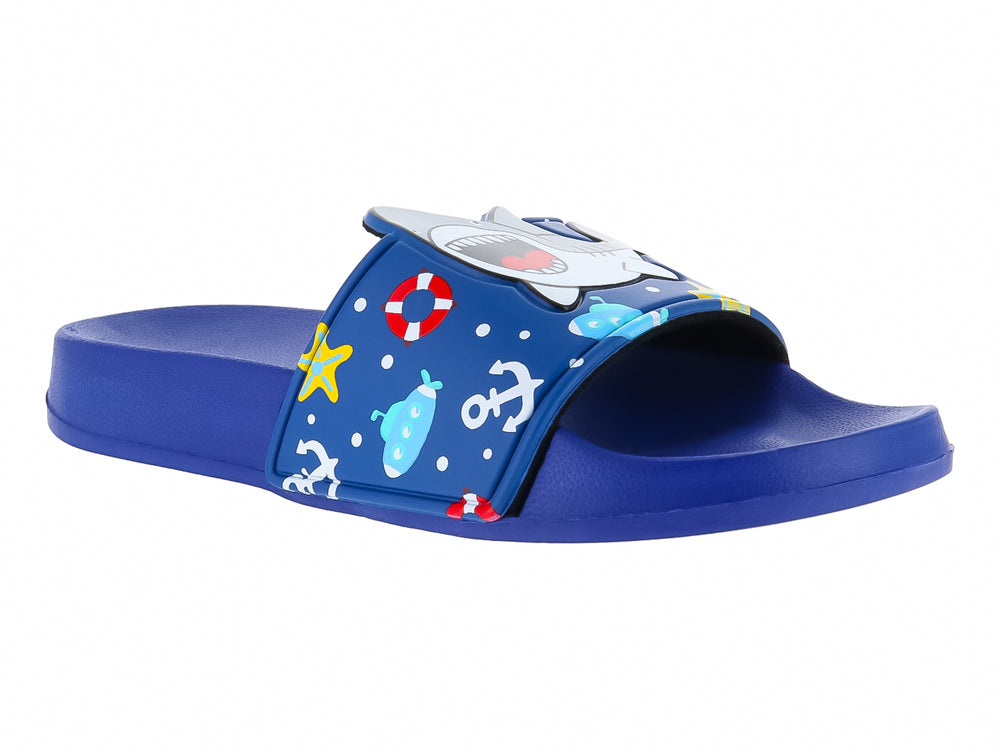 Sandalia azul de material EVA con estampados náuticos de anclas, salvavidas y estrellas.