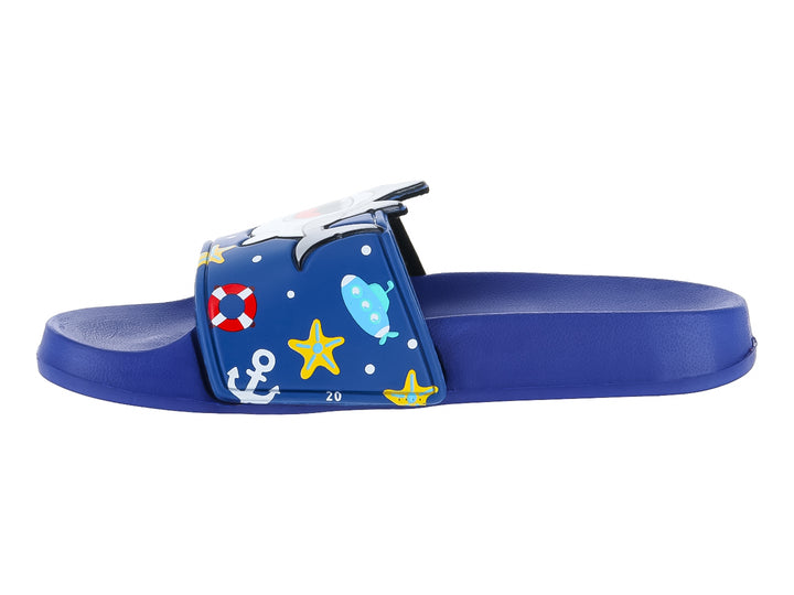Sandalia azul de material EVA con estampados náuticos de anclas, salvavidas y estrellas.
