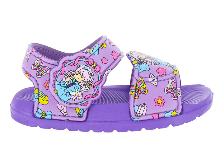 Sandalia morada para Niña con estampados coloridos de personaje y mariposas en material EVA.