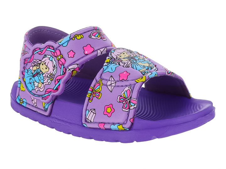 Sandalia morada para Niña con estampados coloridos de personaje y mariposas en material EVA.