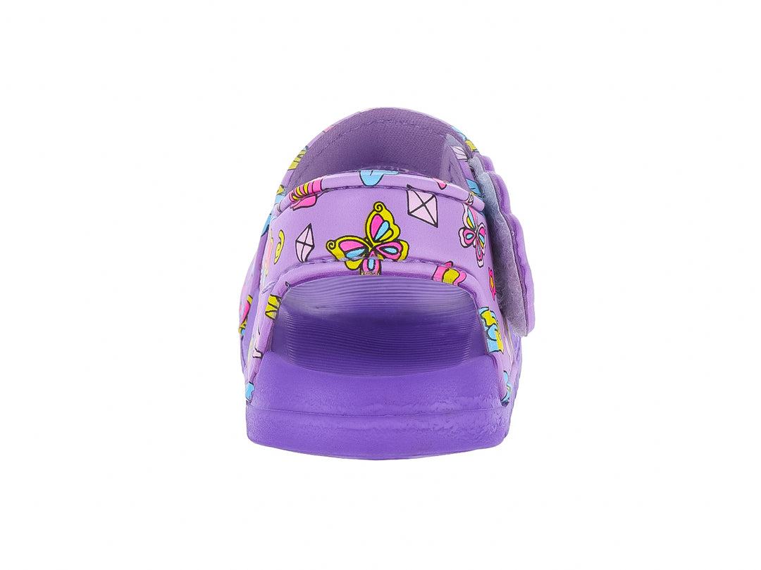 Sandalia morada para Niña con estampados coloridos de personaje y mariposas en material EVA.