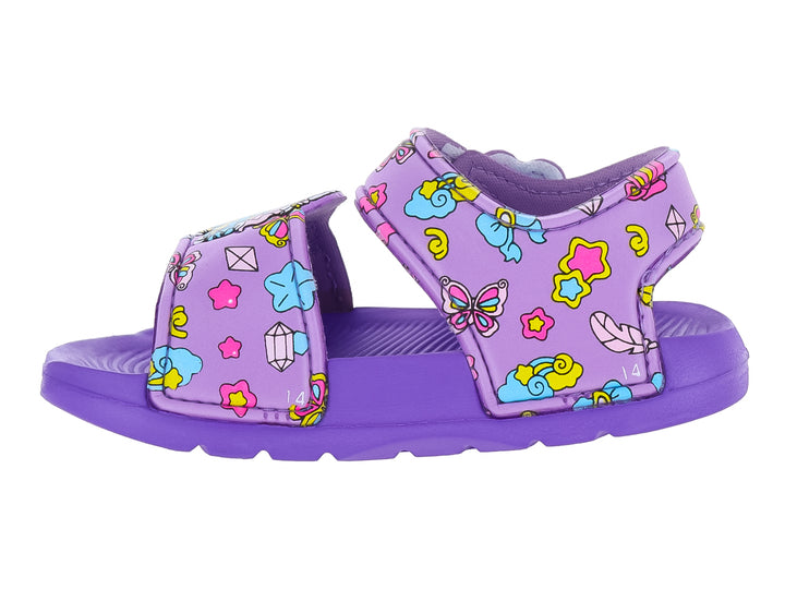 Sandalia morada para Niña con estampados coloridos de personaje y mariposas en material EVA.