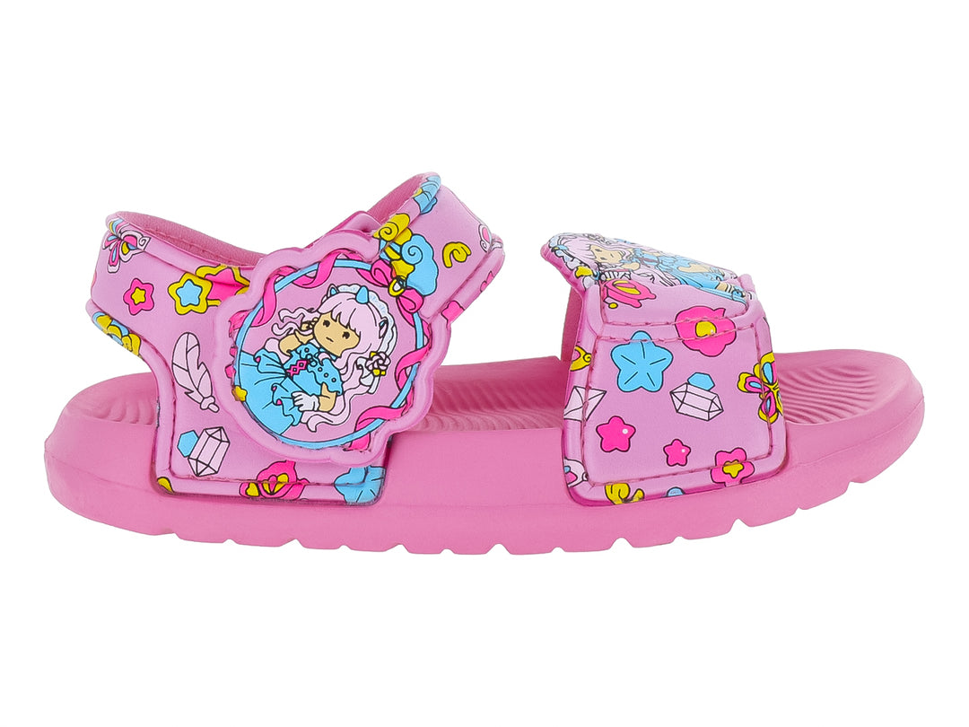 Sandalias infantiles de color rosa con decoraciones de flores y un personaje animado en las correas.