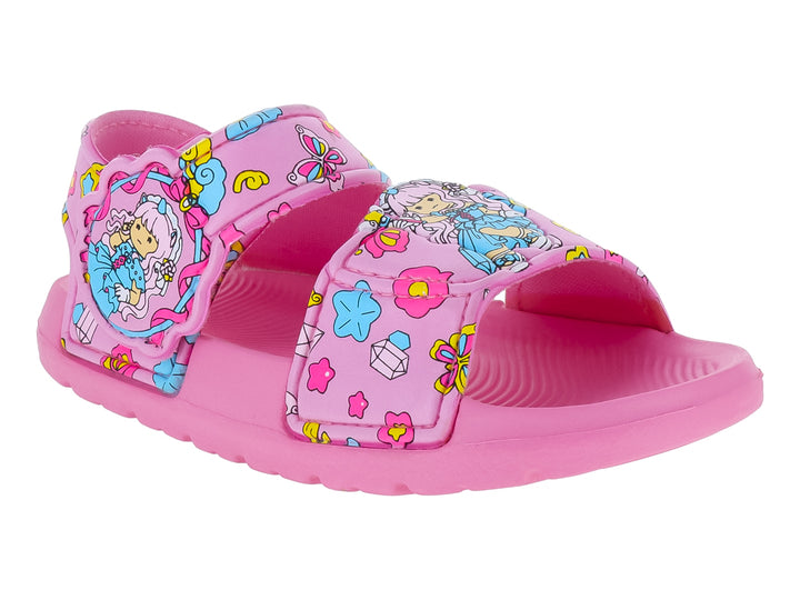 Sandalias infantiles de color rosa con decoraciones de flores y un personaje animado en las correas.
