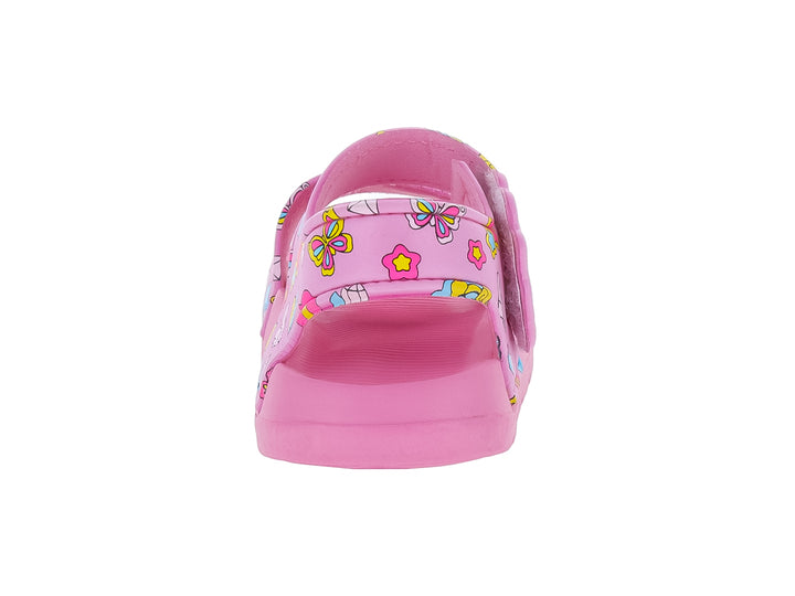 Sandalias infantiles de color rosa con decoraciones de flores y un personaje animado en las correas.