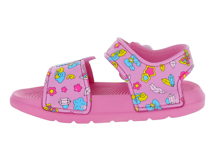 Sandalias infantiles de color rosa con decoraciones de flores y un personaje animado en las correas.