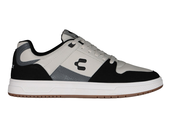 Tenis deportivos Charly en colores gris, negro y blanco con suela blanca y base café.