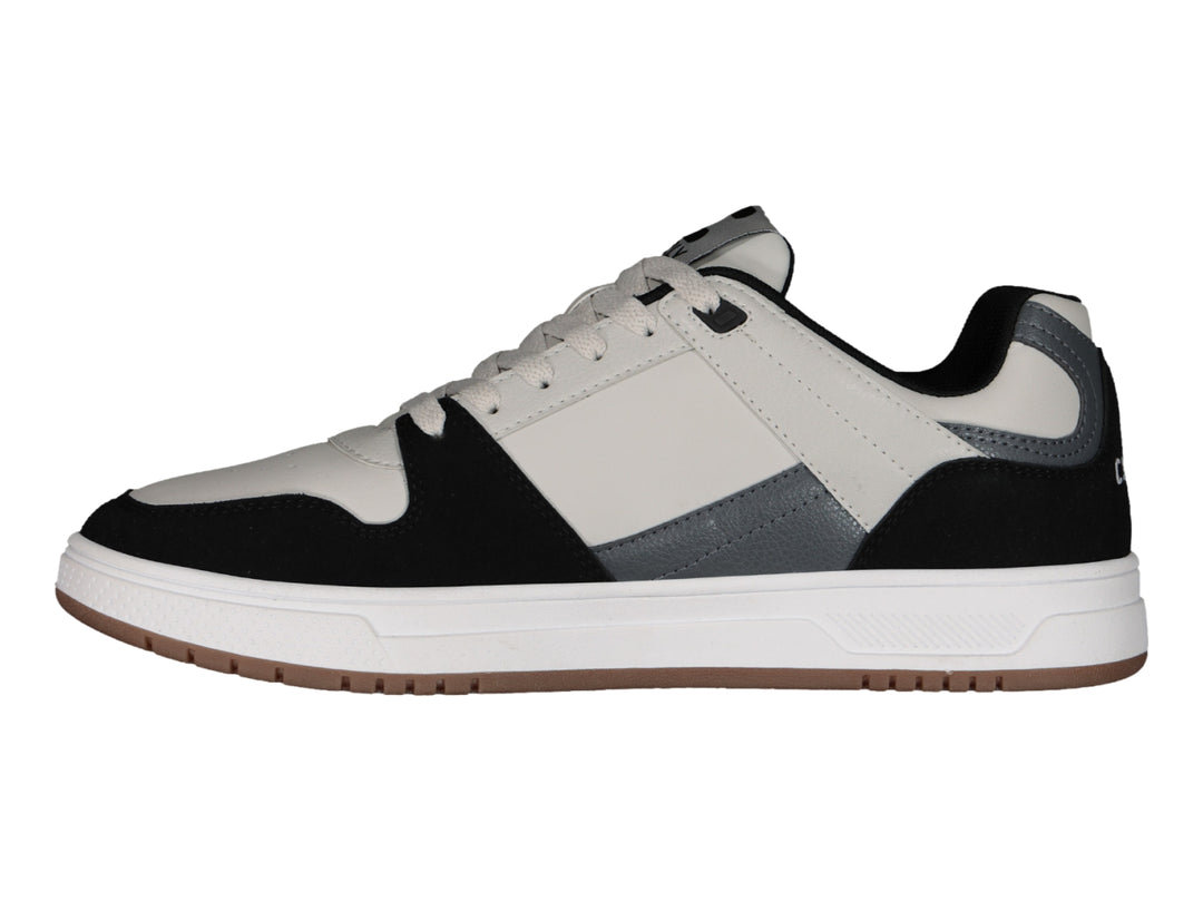 Tenis deportivos Charly en colores gris, negro y blanco con suela blanca y base café.