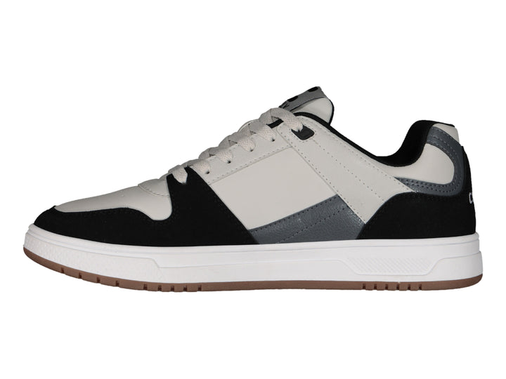 Tenis deportivos Charly en colores gris, negro y blanco con suela blanca y base café.