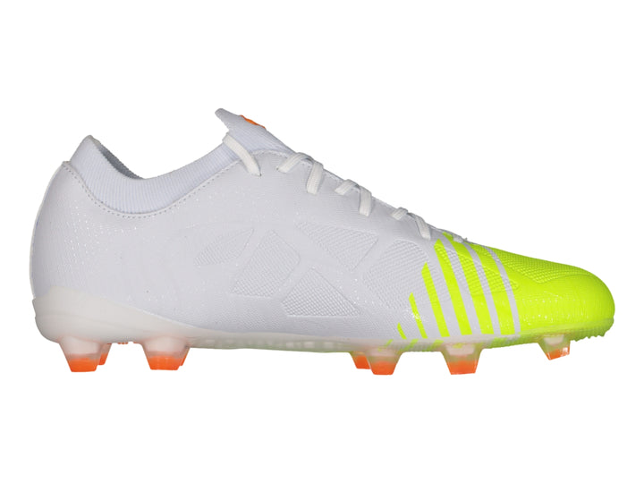 Calzado de fútbol Charly color blanco y rosa con tacos naranjas.