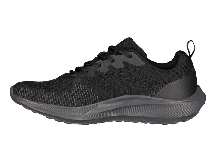 Tenis deportivos Charly color negro con suela gris oscuro y parte superior de tejido transpirable.