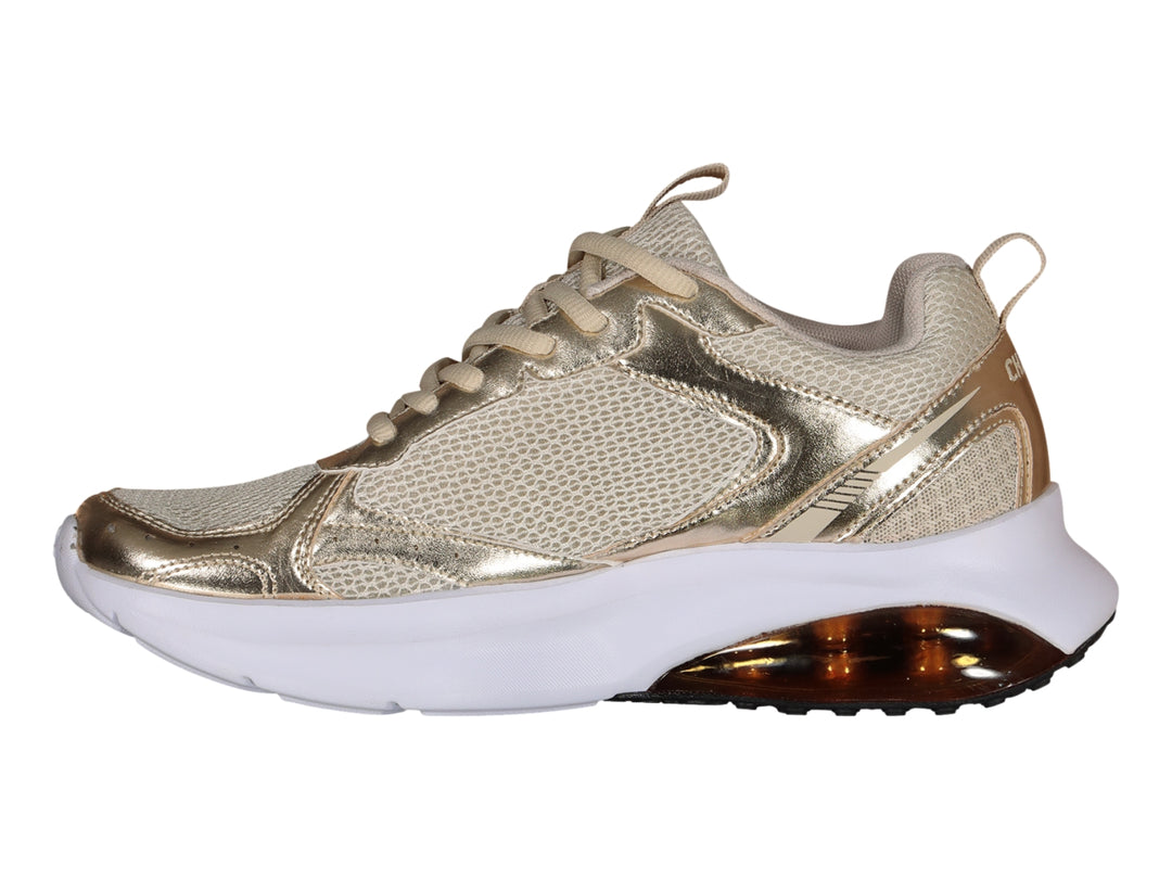 Tenis deportivos Charly color oro y beige con suela blanca y cámara de aire en el talón.