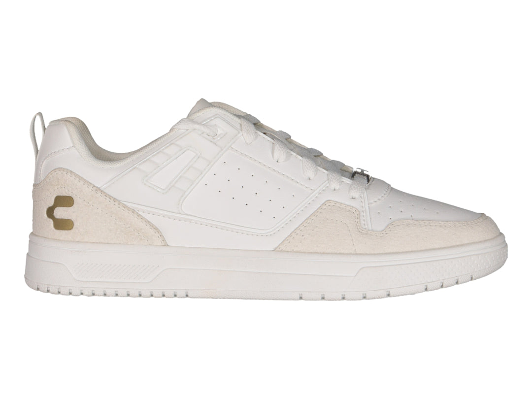 Tenis deportivos Charly color blanco con detalles en oro y suela blanca.