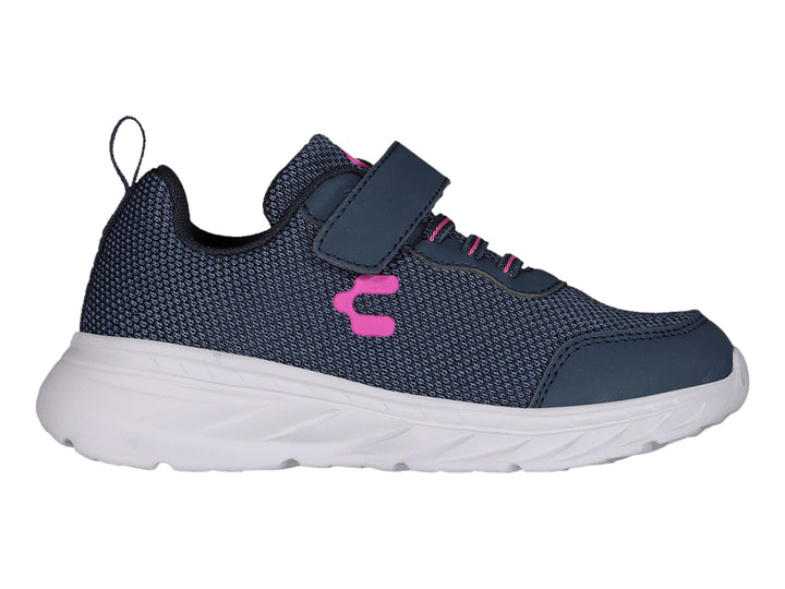 Tenis deportivos Charly color marino con suela blanca y detalles en rosa, cierre de velcro.