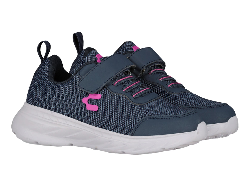 Tenis deportivos Charly color marino con suela blanca y detalles en rosa, cierre de velcro.
