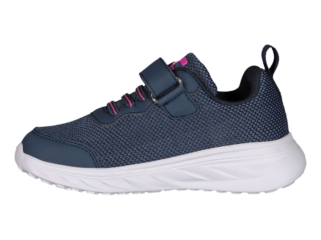 Tenis deportivos Charly color marino con suela blanca y detalles en rosa, cierre de velcro.
