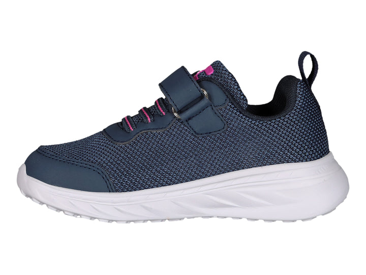 Tenis deportivos Charly color marino con suela blanca y detalles en rosa, cierre de velcro.