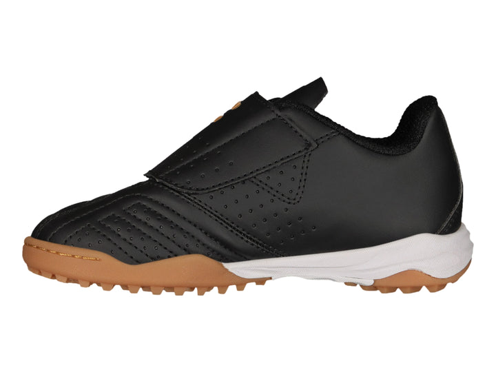 Zapato de fútbol Charly negro con detalles dorados y cierre de velcro.