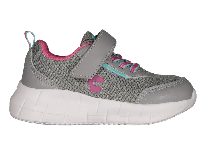 Tenis deportivos Charly color gris con detalles en rosa y suela blanca, cierre de velcro y agujetas.