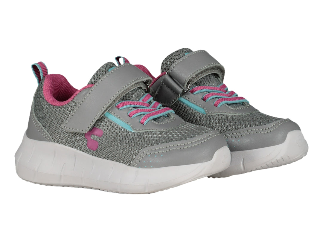 Tenis deportivos Charly color gris con detalles en rosa y suela blanca, cierre de velcro y agujetas.