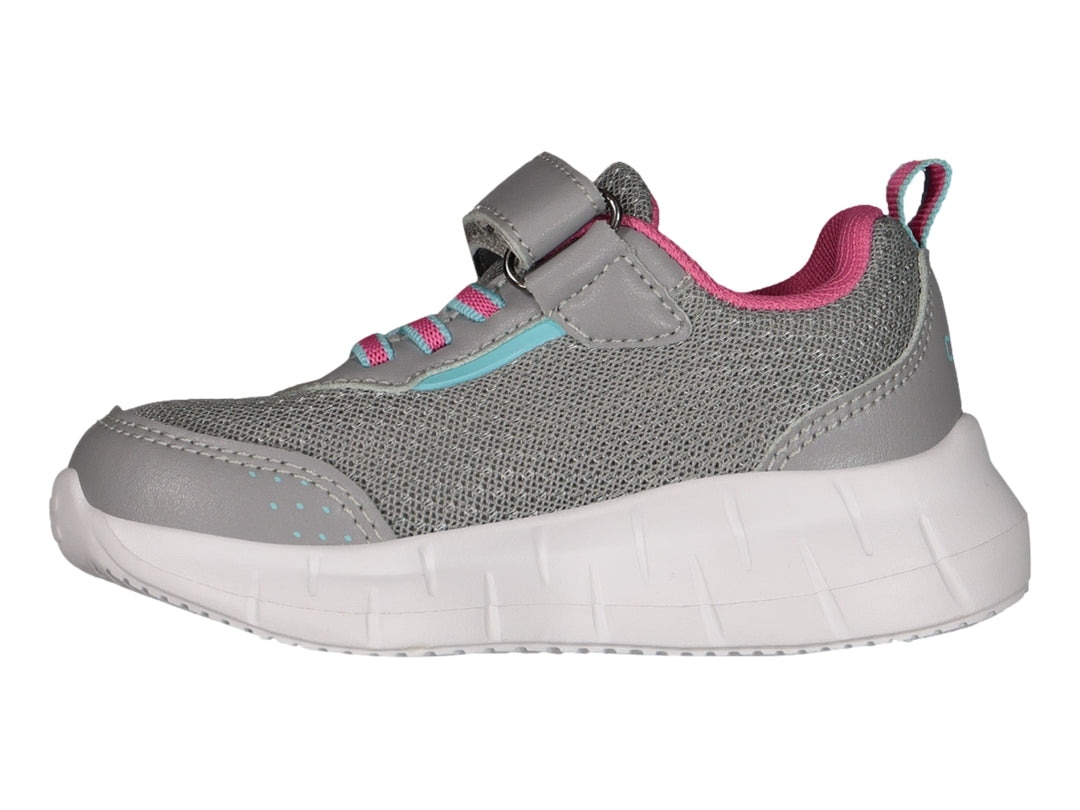 Tenis deportivos Charly color gris con detalles en rosa y suela blanca, cierre de velcro y agujetas.