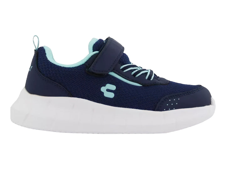 Tenis deportivos Charly para niño en color azul marino con detalles en aqua y suela blanca gruesa.