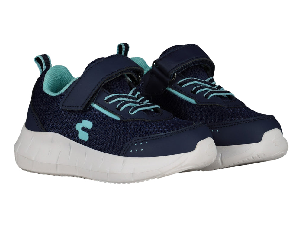 Tenis deportivos Charly para niño en color azul marino con detalles en aqua y suela blanca gruesa.