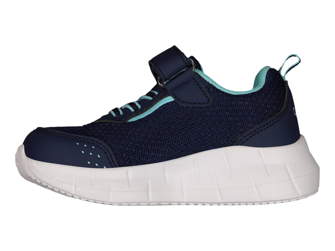 Tenis deportivos Charly para niño en color azul marino con detalles en aqua y suela blanca gruesa.