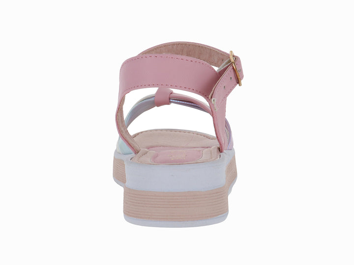 Sandalia de plataforma rosa pétalo con tiras iridiscentes y correa ajustable para niña.