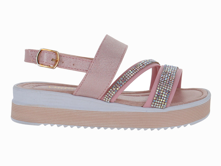 Sandalias rosas de plataforma para niña con tiras decoradas con brillantes y cierre de hebilla.