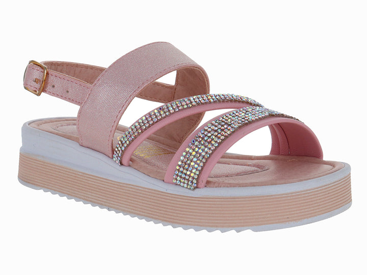 Sandalias rosas de plataforma para niña con tiras decoradas con brillantes y cierre de hebilla.