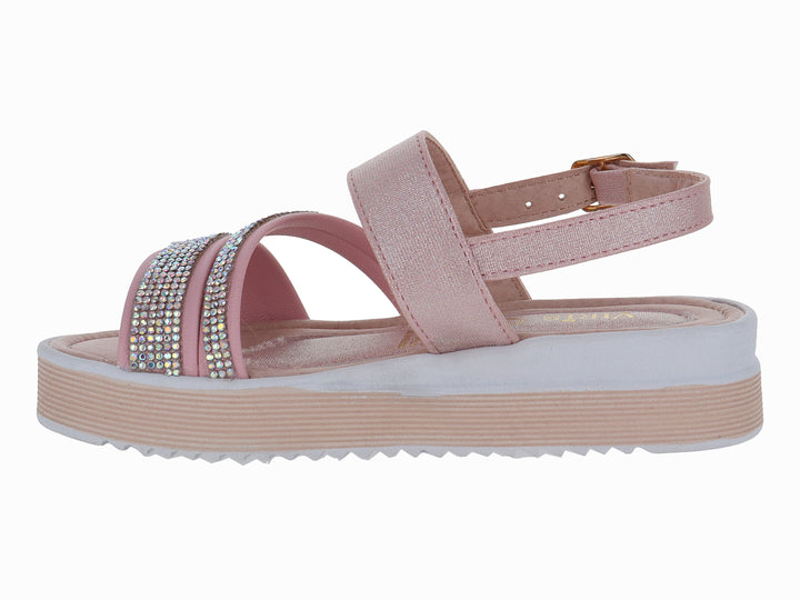 Sandalias rosas de plataforma para niña con tiras decoradas con brillantes y cierre de hebilla.