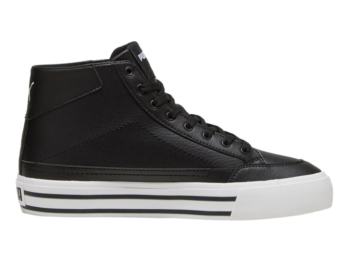 Tenis PUMA de corte alto en color negro con suela blanca.