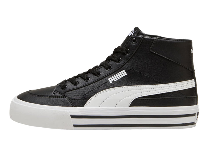 Tenis PUMA de corte alto en color negro con suela blanca.