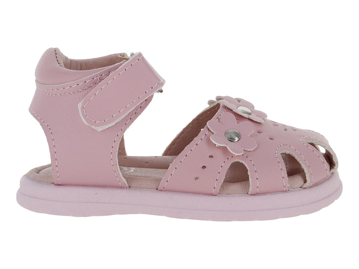 Sandalia rosa para niña con adorno de flor y correa de velcro.