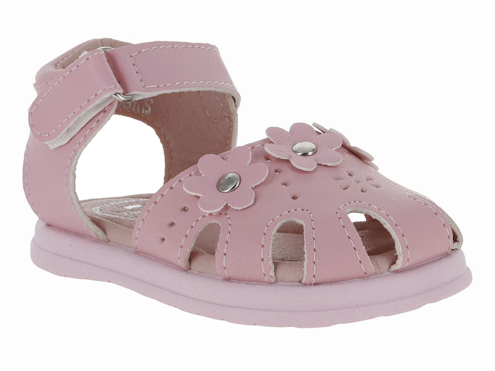 Sandalia rosa para niña con adorno de flor y correa de velcro.