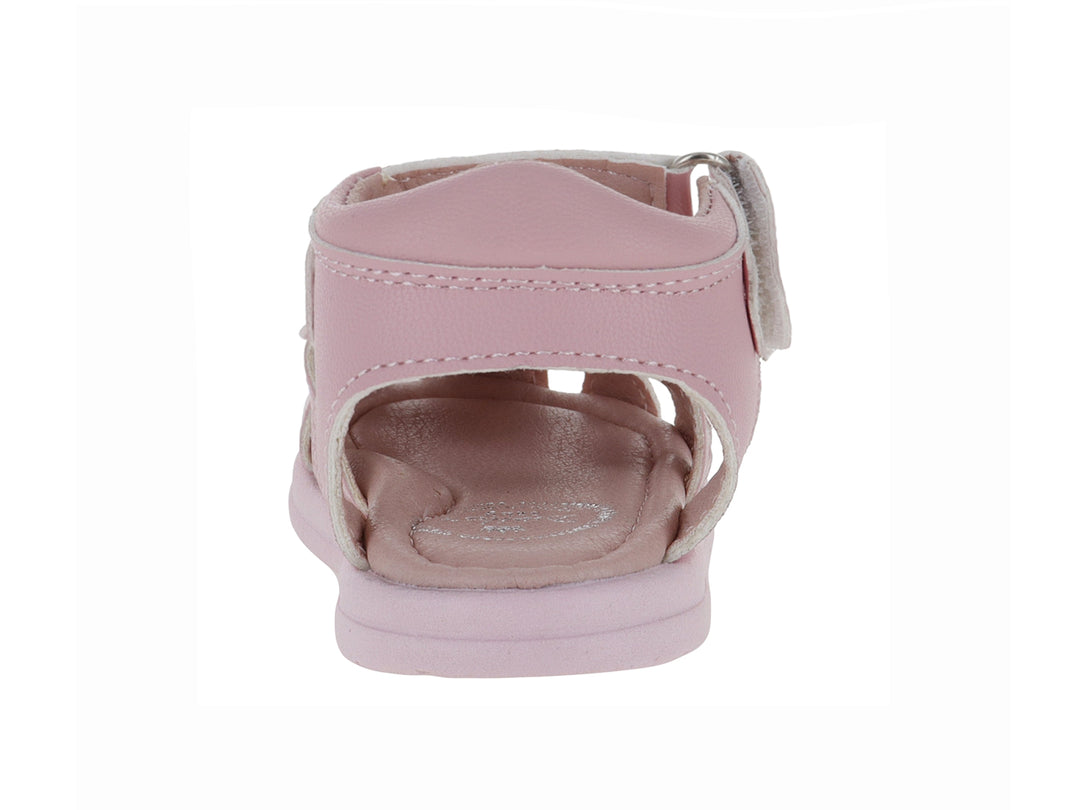 Sandalia rosa para niña con adorno de flor y correa de velcro.