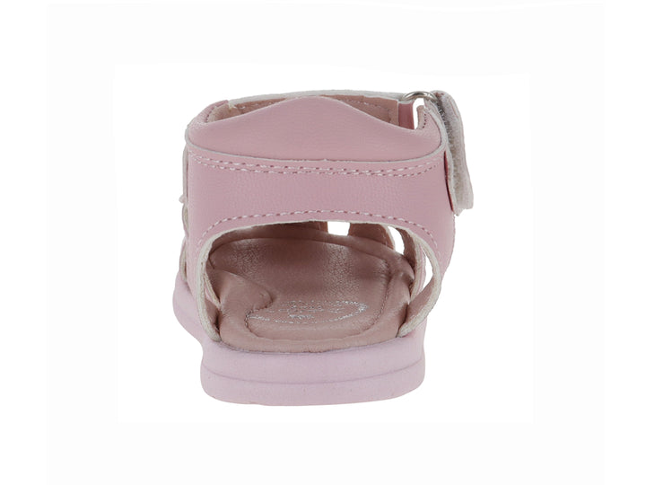 Sandalia rosa para niña con adorno de flor y correa de velcro.