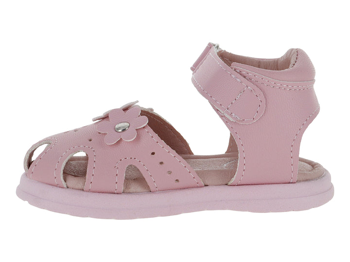 Sandalia rosa para niña con adorno de flor y correa de velcro.