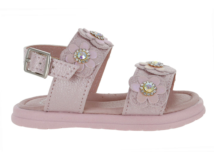 Sandalia rosa para niña con decoraciones de flores y centros brillantes.