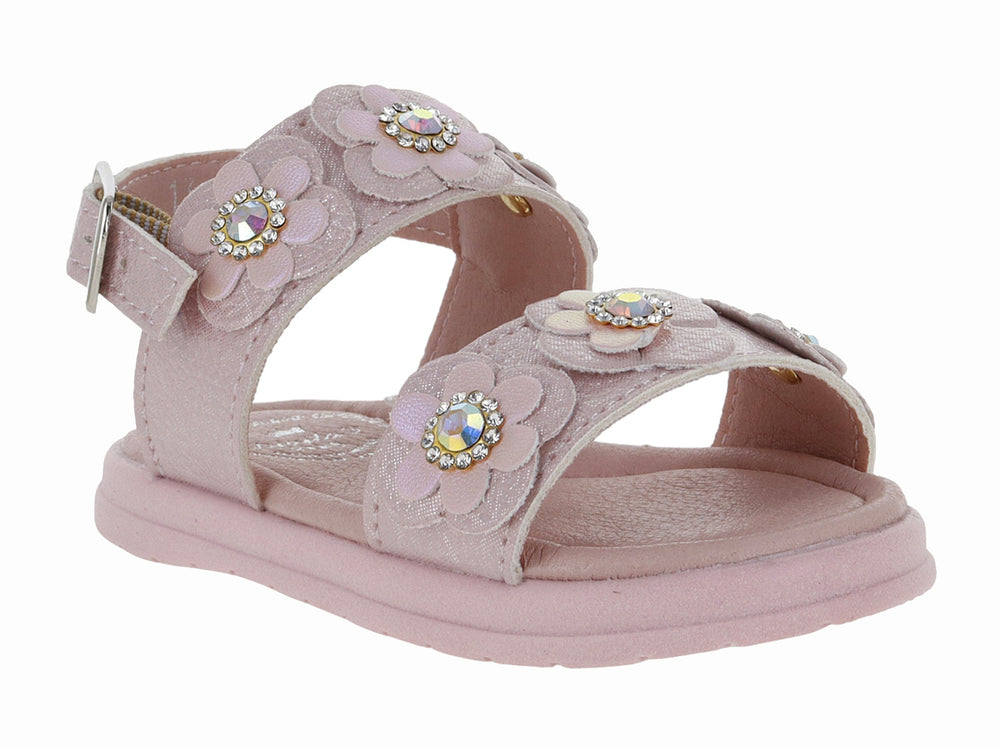 Sandalia rosa para niña con decoraciones de flores y centros brillantes.