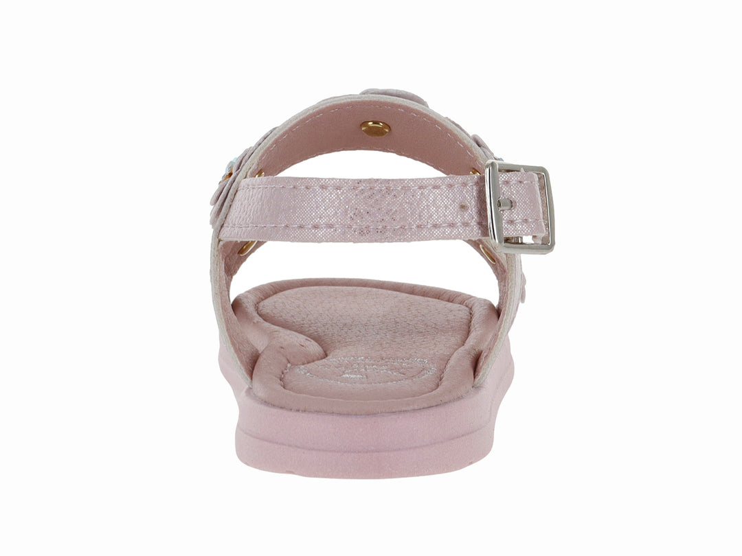 Sandalia rosa para niña con decoraciones de flores y centros brillantes.