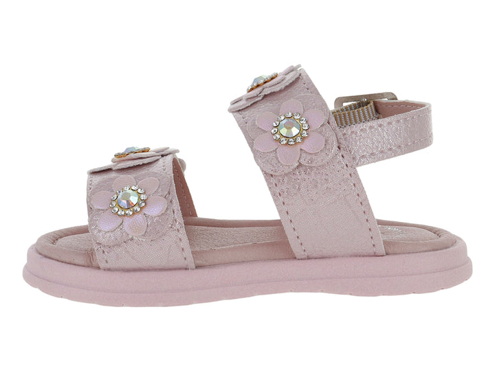 Sandalia rosa para niña con decoraciones de flores y centros brillantes.