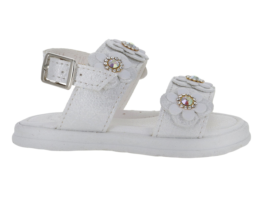 Sandalia blanca para niña con detalles de flores brillantes y hebilla plateada.