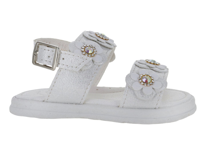 Sandalia blanca para niña con detalles de flores brillantes y hebilla plateada.