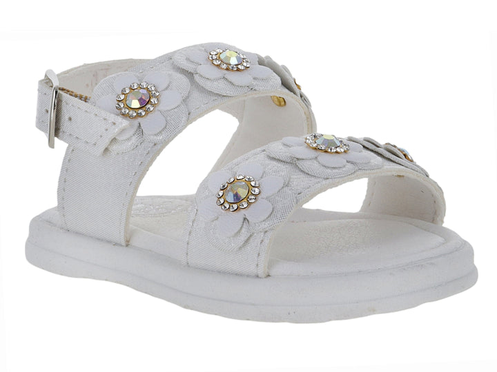 Sandalia blanca para niña con detalles de flores brillantes y hebilla plateada.