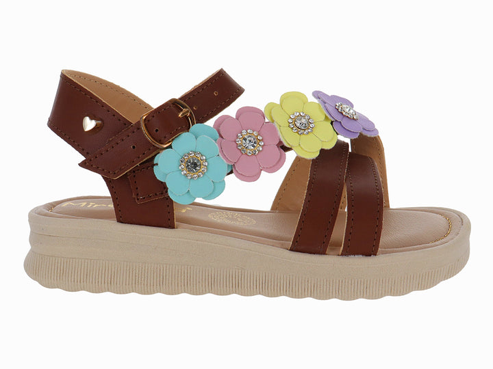Sandalia marrón de plataforma beige con aplicaciones de flores multicolores en la parte superior.