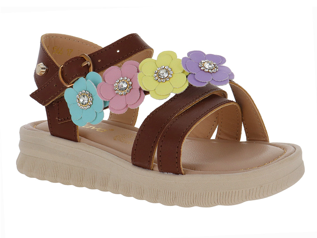 Sandalia marrón de plataforma beige con aplicaciones de flores multicolores en la parte superior.