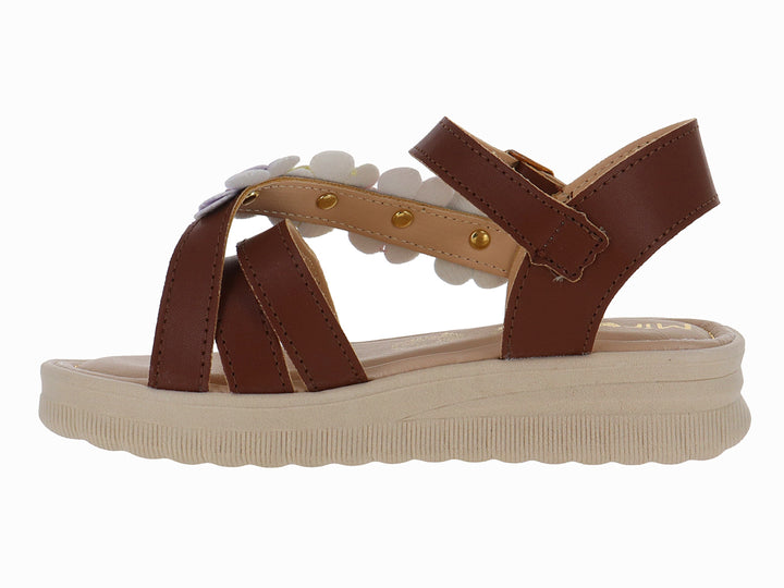 Sandalia marrón de plataforma beige con aplicaciones de flores multicolores en la parte superior.